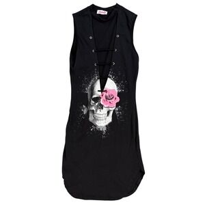 Mad Rag Black Skull Rose Lace Up Cutout Sleeveless Dress M